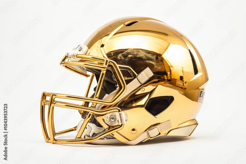 Fototapeta premium Gold Football Helmet Isolated on White. Modern Protection with Gold Color for Face Mask