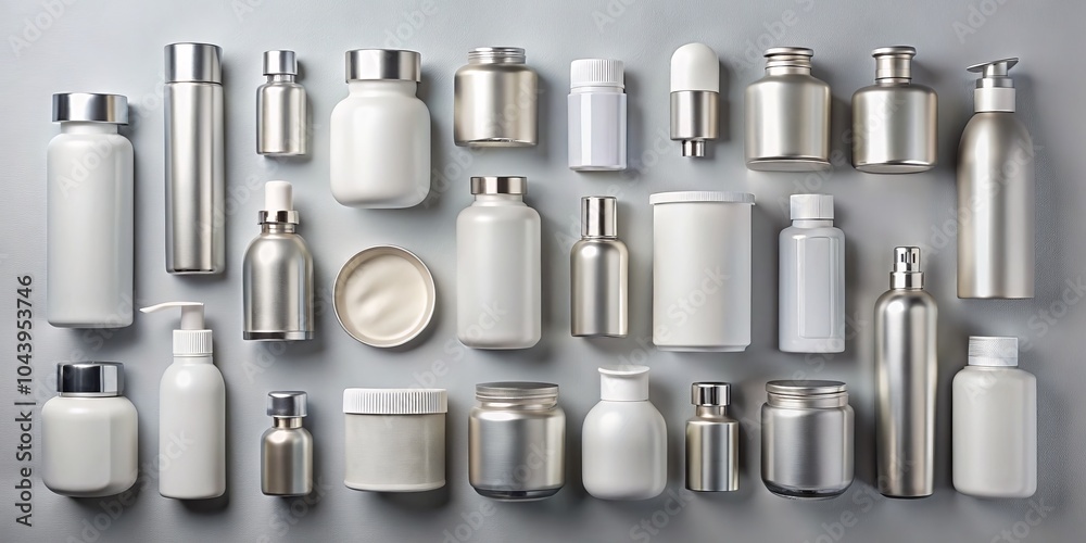 Silver and White Bottles Mockup on Grey Background, product packaging , branding Silver and White Bottles Mockup on Grey Background, product packaging , branding