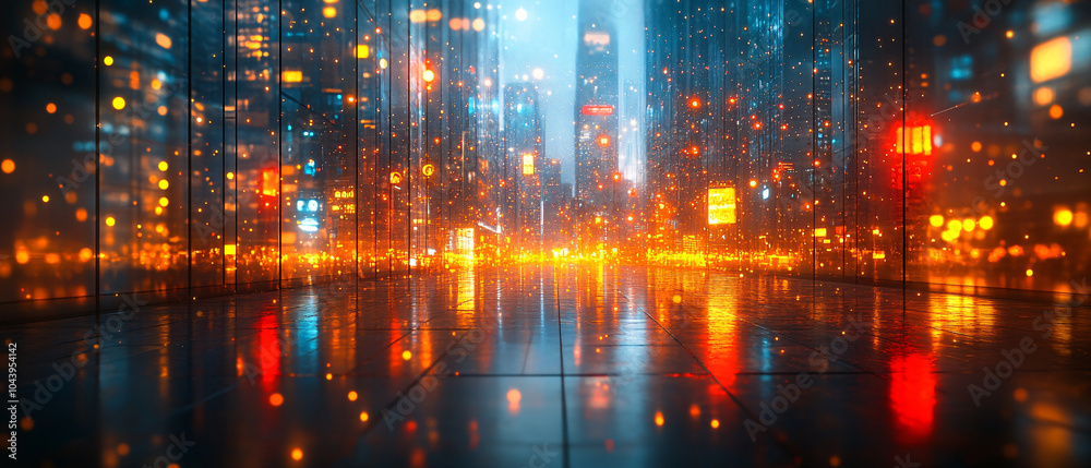 Fototapeta premium Reflective Cityscape at Night with Blurred Lights and Buildings