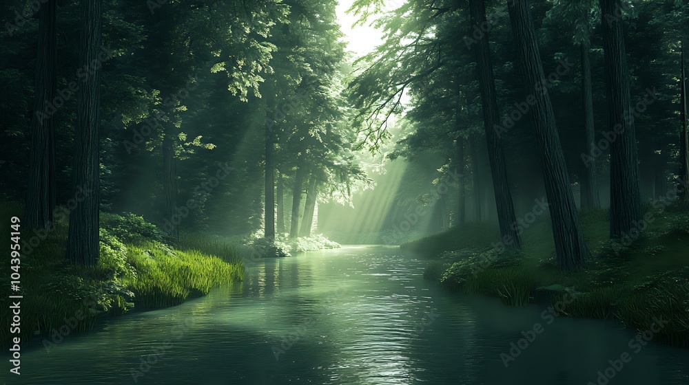 Fototapeta premium Tranquil river winding through a dense forest with tall trees on both sides, soft sunlight illuminating the watera??s surface