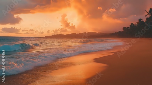 Tropical beach at sunset with golden sand, vibrant orange and pink skies, and the gentle sound of waves breaking on the shore