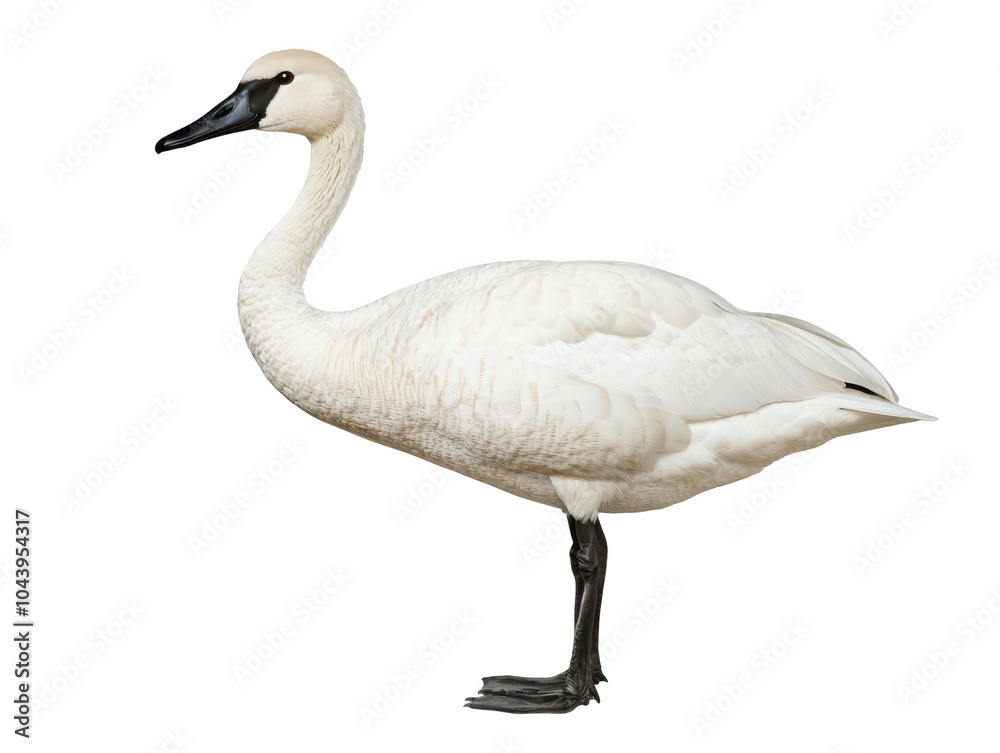 Graceful white swan standing elegantly on one leg against a plain background. Graceful white swan standing elegantly on one leg against a plain background.