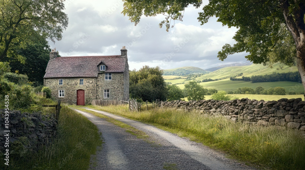 Quaint stone farmhouse along a picturesque gravel road framed by lush greenery and pastures under a bright sky. Quaint stone farmhouse along a picturesque gravel road framed by lush greenery and pastures under a bright sky.