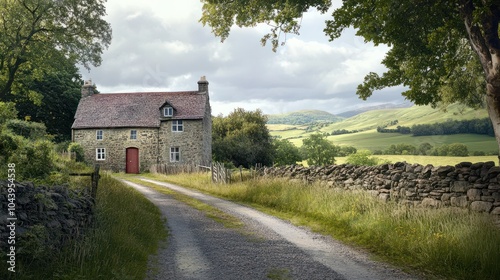 Quaint stone farmhouse along a picturesque gravel road framed by lush greenery and pastures under a bright sky.