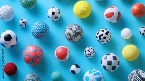 A colorful collection of balls of different sizes and patterns on a blue background.