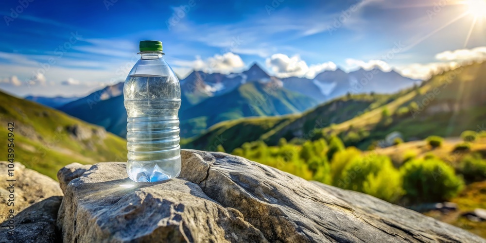 Obraz premium Water Bottle on a Rock in the Mountains, Mountain, Landscape