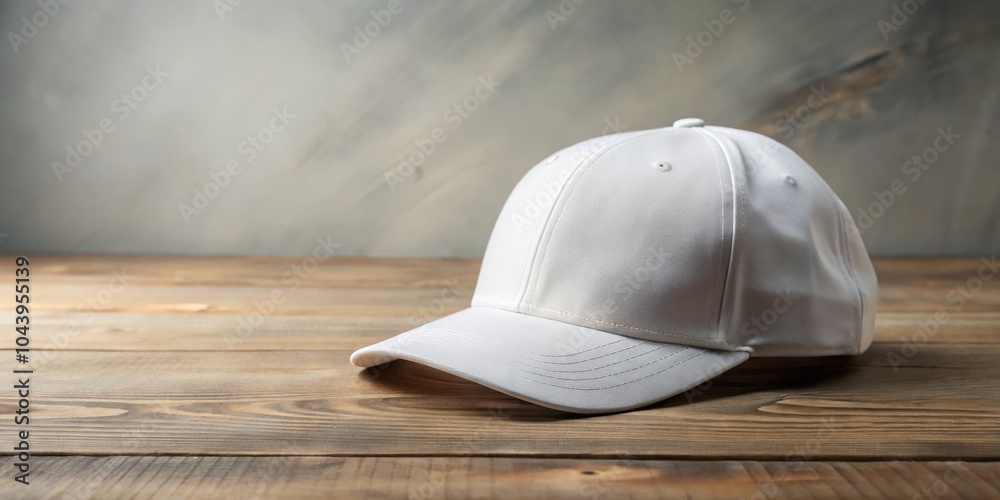 White Baseball Cap on Wooden Table, Mockup, Branding , Cap White Baseball Cap on Wooden Table, Mockup, Branding , Cap