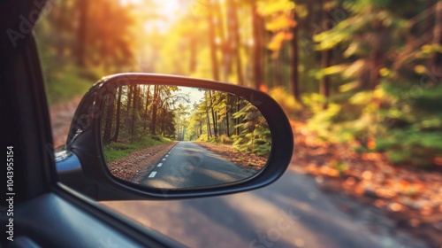 Forest Road Reflected in Side Mirror - Scenic Drive Through Autumn Foliage