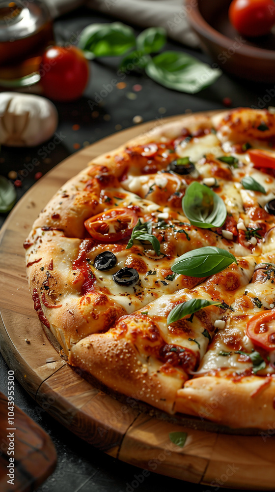 A pizza with basil and tomatoes on top A pizza with basil and tomatoes on top