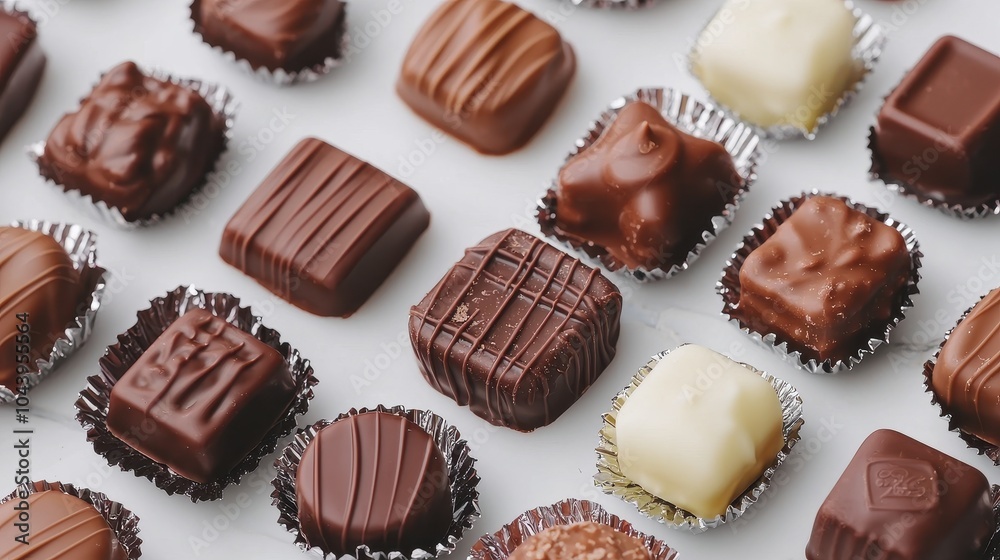 An assortment of gourmet chocolates in various shapes and textures, beautifully arranged on a light background. An assortment of gourmet chocolates in various shapes and textures, beautifully arranged on a light background.