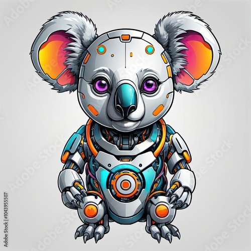 A robotic koala with bright pink eyes sits in a stylized digital illustration photo