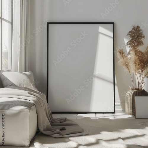 Fototapeta Naklejka Na Ścianę i Meble -  「壁には何も飾られていない額縁のモックアップ、快適なベッド、そして陽の光の影。ミニマルなベッドルームインテリア。3Dレンダリング」