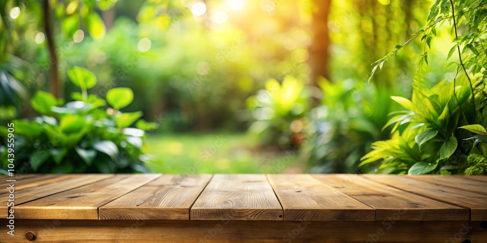 Wooden Tabletop with Sunlit Green Blur Background, Nature, Product Display, Tabletop, Nature Background Wooden Tabletop with Sunlit Green Blur Background, Nature, Product Display, Tabletop, Nature Background
