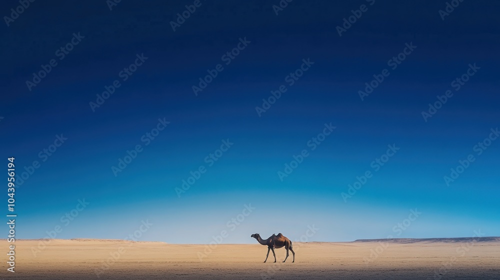 A lone camel walking across the barren desert, the sand stretching out under a deep blue sky. A lone camel walking across the barren desert, the sand stretching out under a deep blue sky.