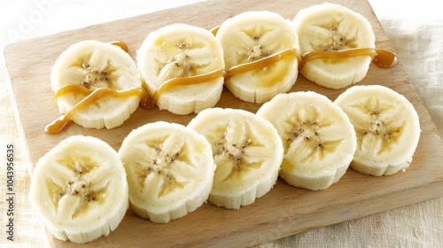 Banana Symphony: A wooden cutting board holds a row of banana slices, arranged like musical notes. The caramel drizzle serves as the conductor’s wand. 