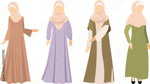 Muslim woman in hijab. Different dresses on different women. Modern Muslim women in traditional hijabs.