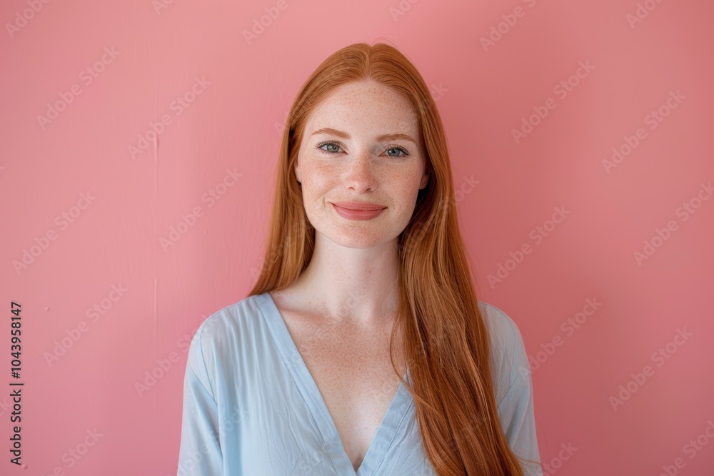 Fototapeta premium Confident Young Woman with Red Hair in Light Blue Blouse Against Coral Background
