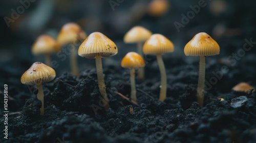 A macro shot of small mushrooms emerging from the soil, their caps just breaking the surface in detailed focus.