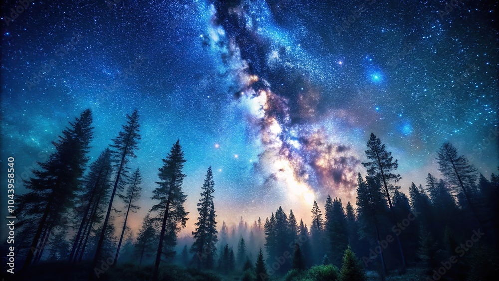 Fototapeta premium Close-up view of dense forest with tall trees beneath starry night sky