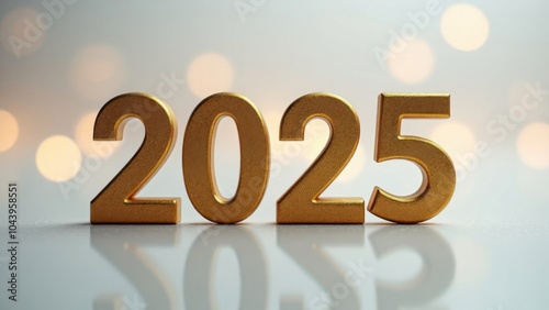 initial letters "2025" made of gold metall. blurred white bokeh background, empty space around letters