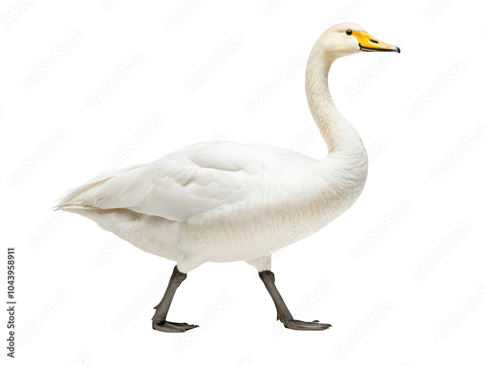 Graceful white swan standing elegantly with a bright yellow beak. Graceful white swan standing elegantly with a bright yellow beak.