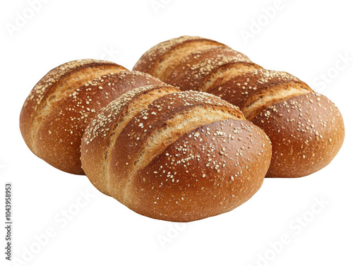 Three freshly baked artisanal bread rolls with a golden crust and sesame seeds.