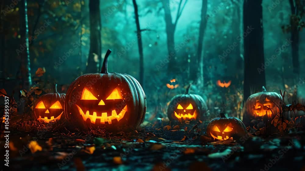 Jack O' Lanterns glowing in the dark forest at night Jack O' Lanterns glowing in the dark forest at night