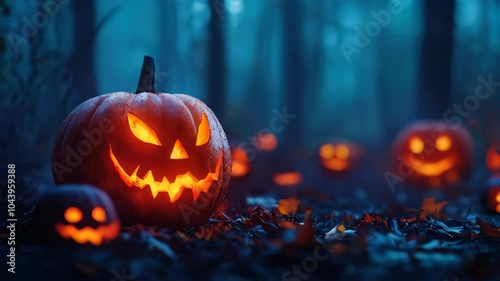 Jack O' Lanterns glowing in the dark forest at night