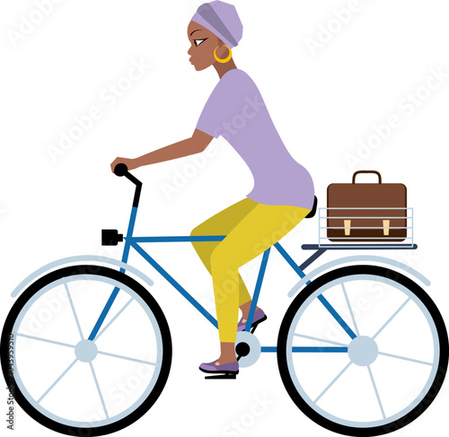 African American women portrait. Girl in a turban on a bicycle. Modern young fashionable woman with dark skin. Vector people.