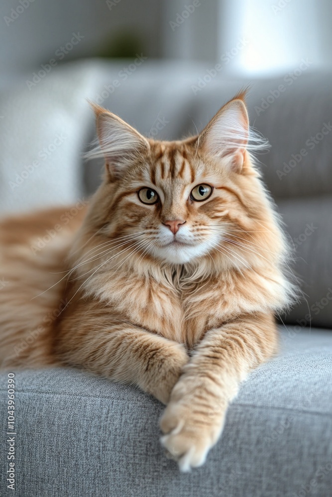 Maine Coon cat relaxing on a gray sofa in a bright living room during daylight Maine Coon cat relaxing on a gray sofa in a bright living room during daylight