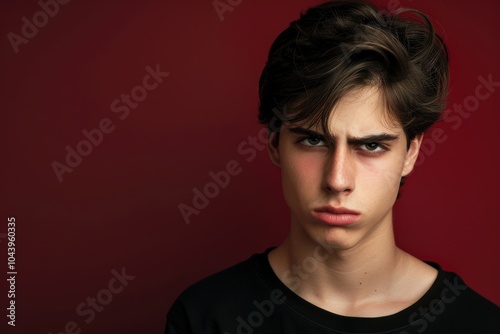 Frustrated Young Man Against Dark Red Background for Emotional Expression Concepts