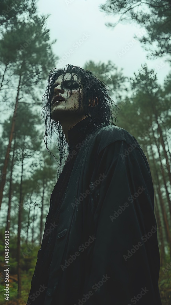 Mysterious Figure in a Foggy Forest Landscape Mysterious Figure in a Foggy Forest Landscape