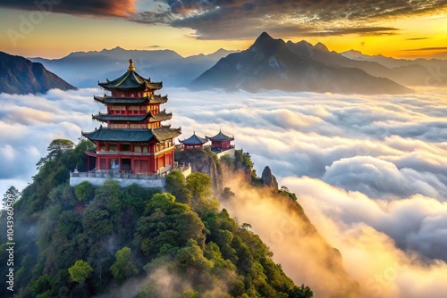 Scenic Chinese temple nestled in mountain clouds reflected in water