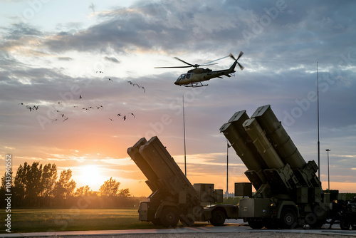 Missile launchers against sunset convey calm yet potential conflict