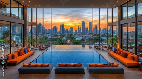 Luxurious modern villa with pool and city skyline view.