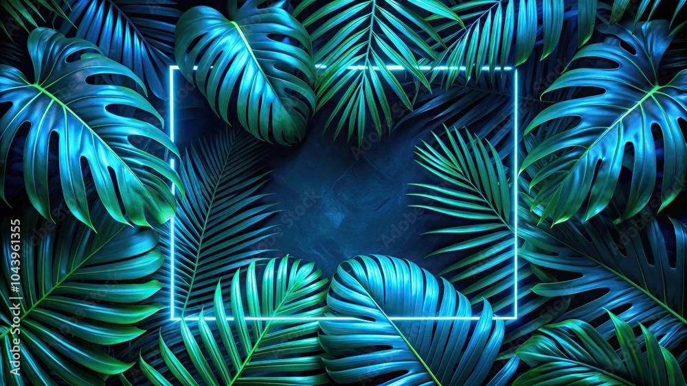 Close-up view of neon blue light frame surrounding green tropical leaves on dark background