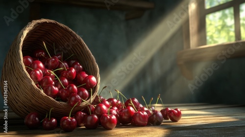 A pile of ripe cherries spilling out of a basket onto a wooden table, with sunlight streaming in from the side.