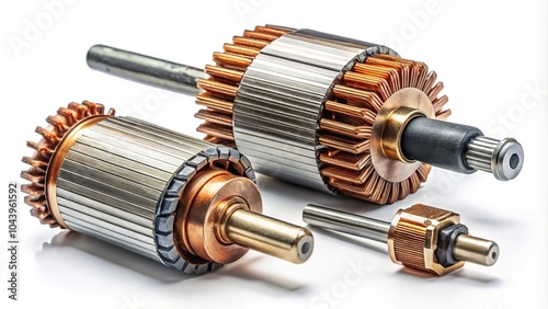 Close-up view of parts of a DC motor armature, brushes, permanent magnets, and commutator at a tilted angle