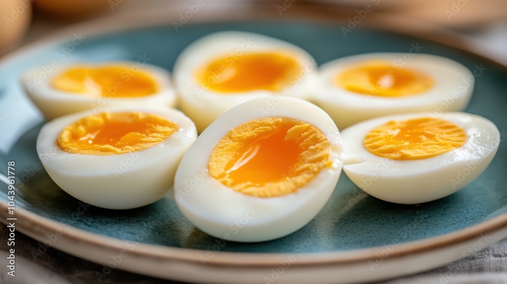 A plate of hard-boiled eggs, with one sliced in half to reveal the perfectly cooked yolk