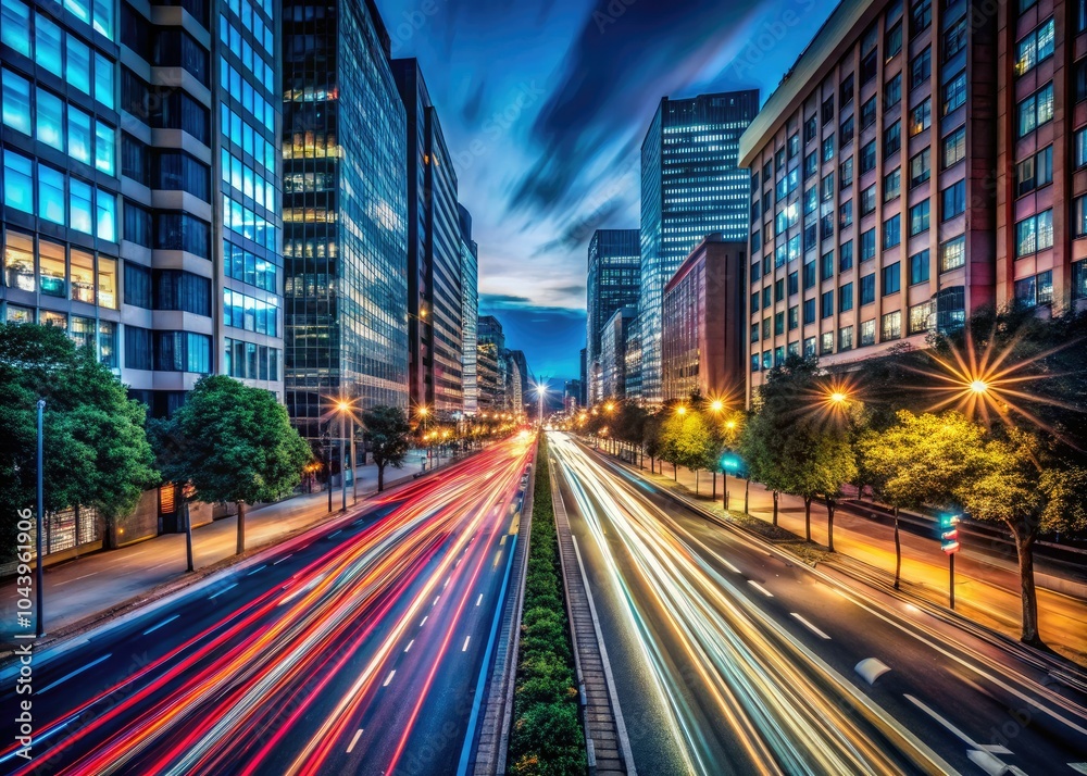 Fototapeta premium Long exposure captures the vibrant dance of light trails in urban nightscapes, showcasing the mesmerizing interplay of illumination and darkness across bustling city streets.