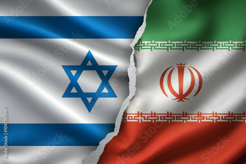 Torn Israeli and Iranian flags, symbolizing complex international relations