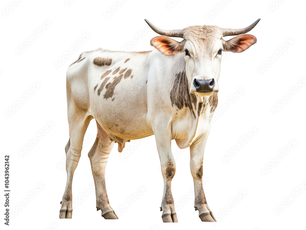 Majestic white and brown cow standing on a white background, showcasing its distinct markings and horns. Majestic white and brown cow standing on a white background, showcasing its distinct markings and horns.