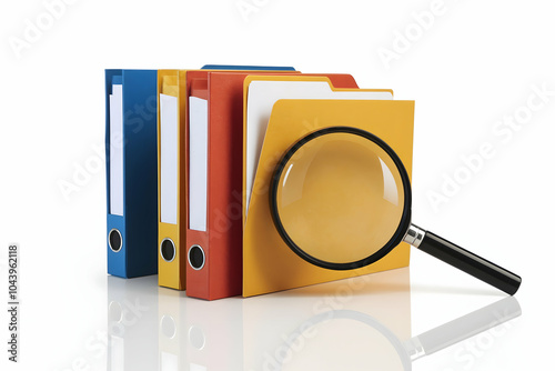 Magnifying glass enlarges folder contents, symbolizing organization and focus