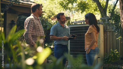 A technician discusses heat pump maintenance with homeowners in a garden, near the external unit. photo