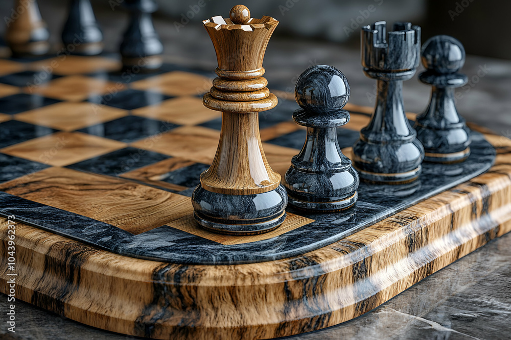 A close-up of a wooden chessboard featuring a golden queen and dark pieces, showcasing craftsmanship and strategy.
