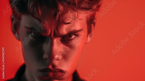 Frustrated Young Man Against Bold Red Background - Expression of Annoyance and Emotion