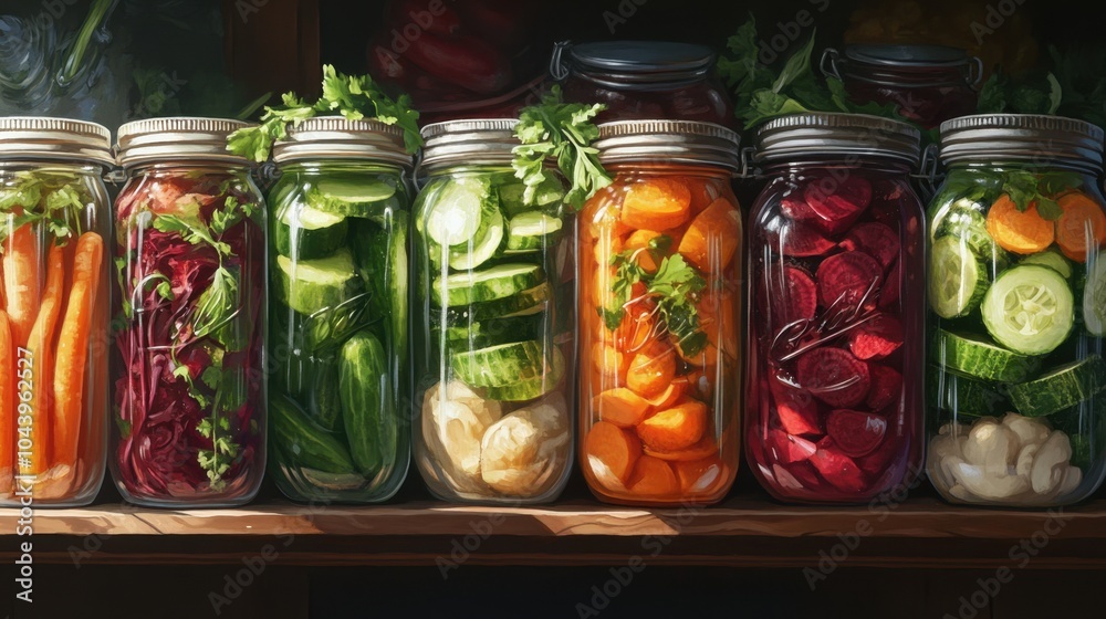 A shelf of pickled vegetables in glass jars, with rich greens, oranges, and reds of cucumbers, carrots, and beets. A shelf of pickled vegetables in glass jars, with rich greens, oranges, and reds of cucumbers, carrots, and beets.