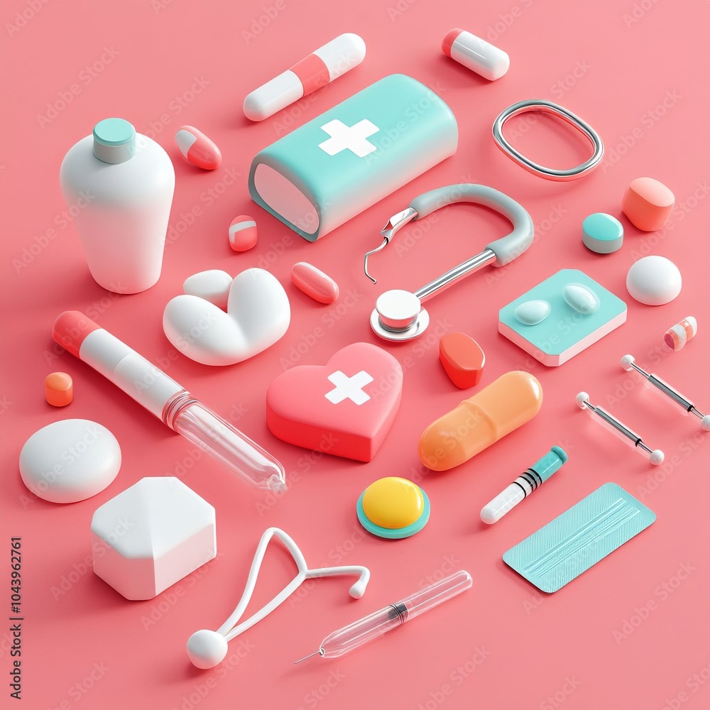 Flatlay of 3D icons to medicine