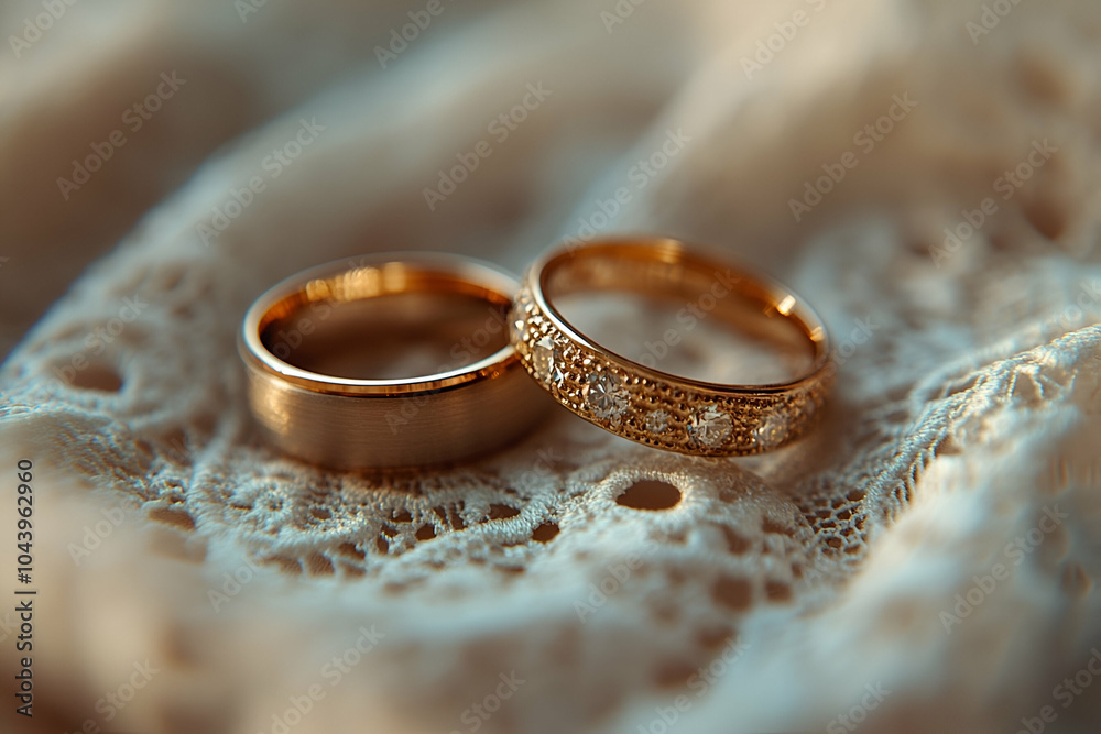 Two elegant gold rings resting on delicate lace, symbolizing love and commitment. Two elegant gold rings resting on delicate lace, symbolizing love and commitment.