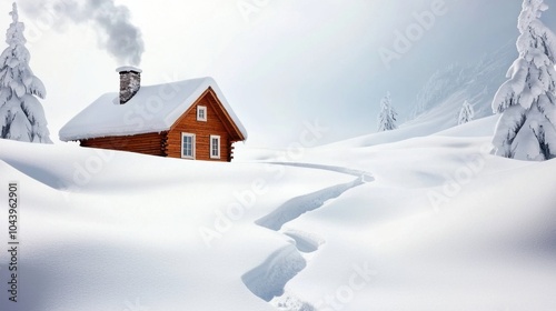 Cozy cabin amidst a snowy landscape with a winding path and smoke rising from the chimney Created with Generative AI.